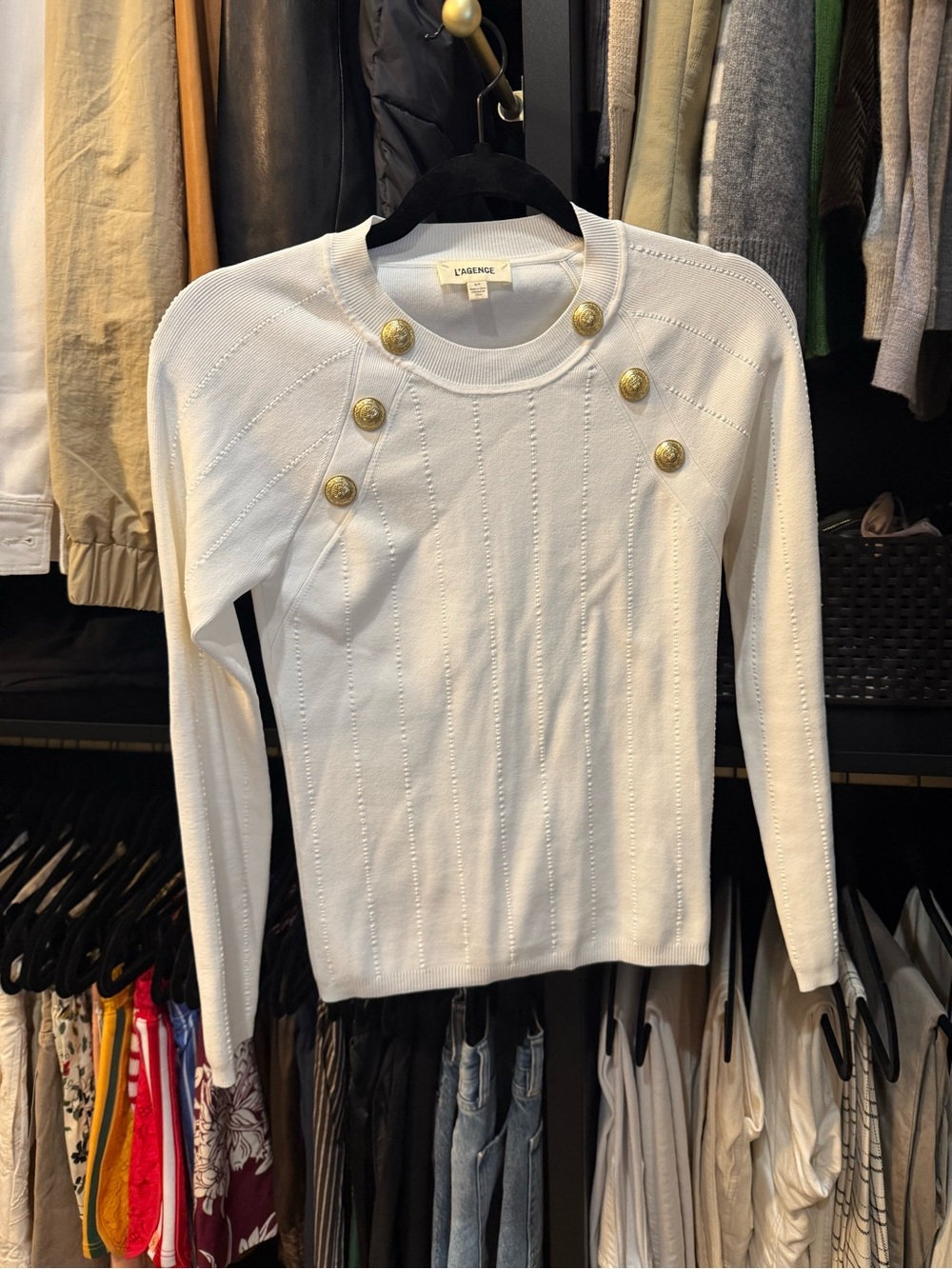 L'AGENCE White Gold-Button Knit Sweater